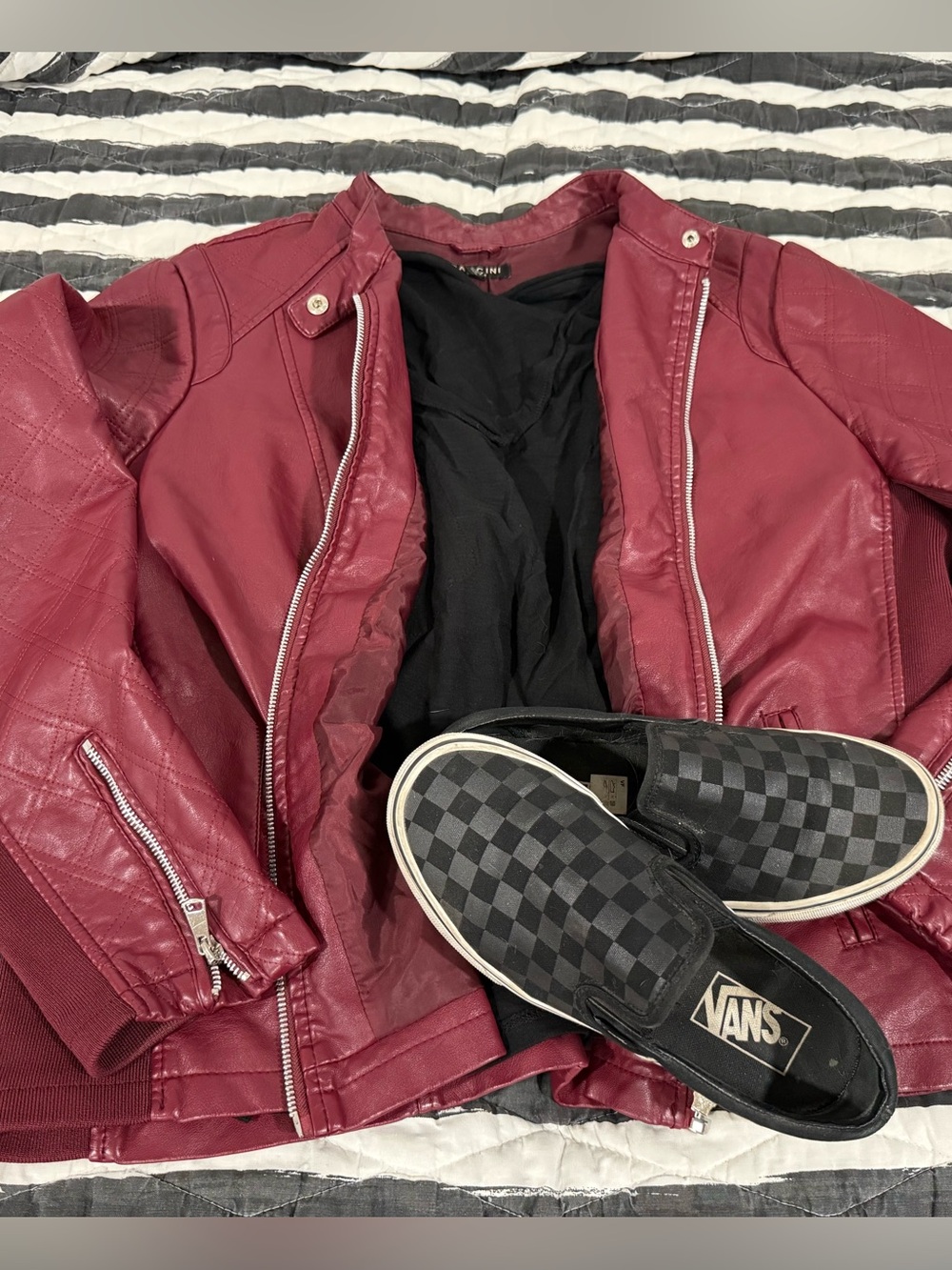 Baccini Burgundy Faux Leather Moto Jacket Quilted Biker Plus Size 1X